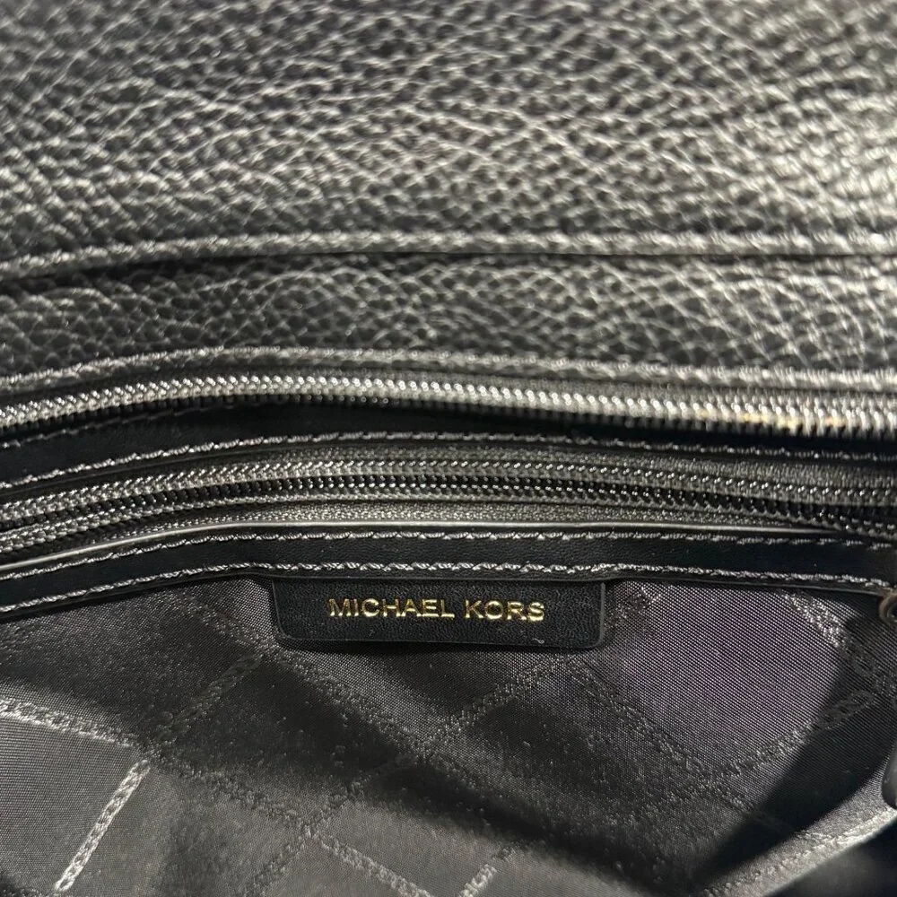 Michael Kors Bedford Pebbled Leather Pocket Tote Handbag Black Tan Straps Travel - Picture 10 of 12